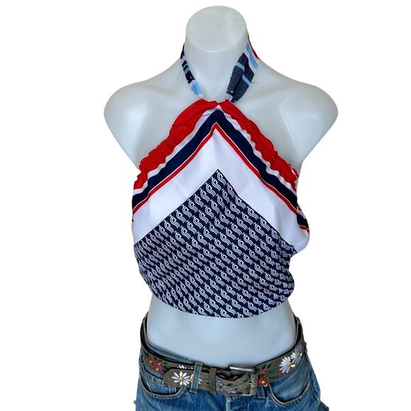Red White Blue Scarf Halter Top Crop One Size Festival Handcraft Unique NEW - Picture 1 of 5